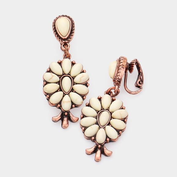Clip on rose and white stone flower earrings with stem - Picture 1 of 1